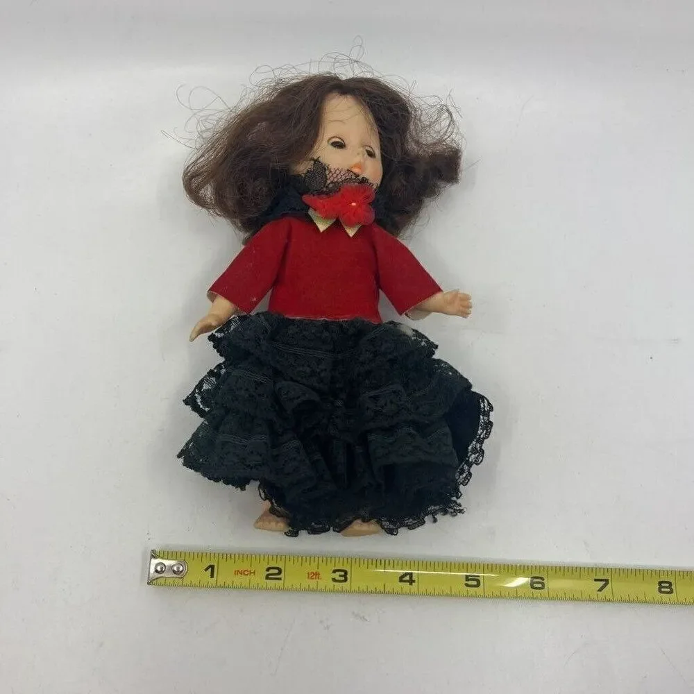 Vintage Spanish Dancer Girl Doll Light Brown Hair Red Black Lace‎ Ruffle Dress